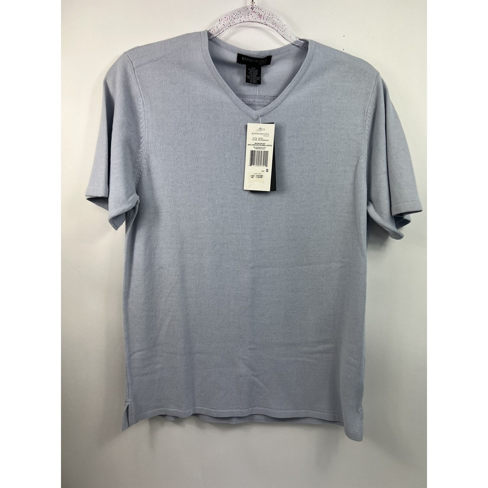 NWT Kenneth Cole ‎ Knit Top Women's Sz S Blue Short Sleeve V-Neck Side Slits